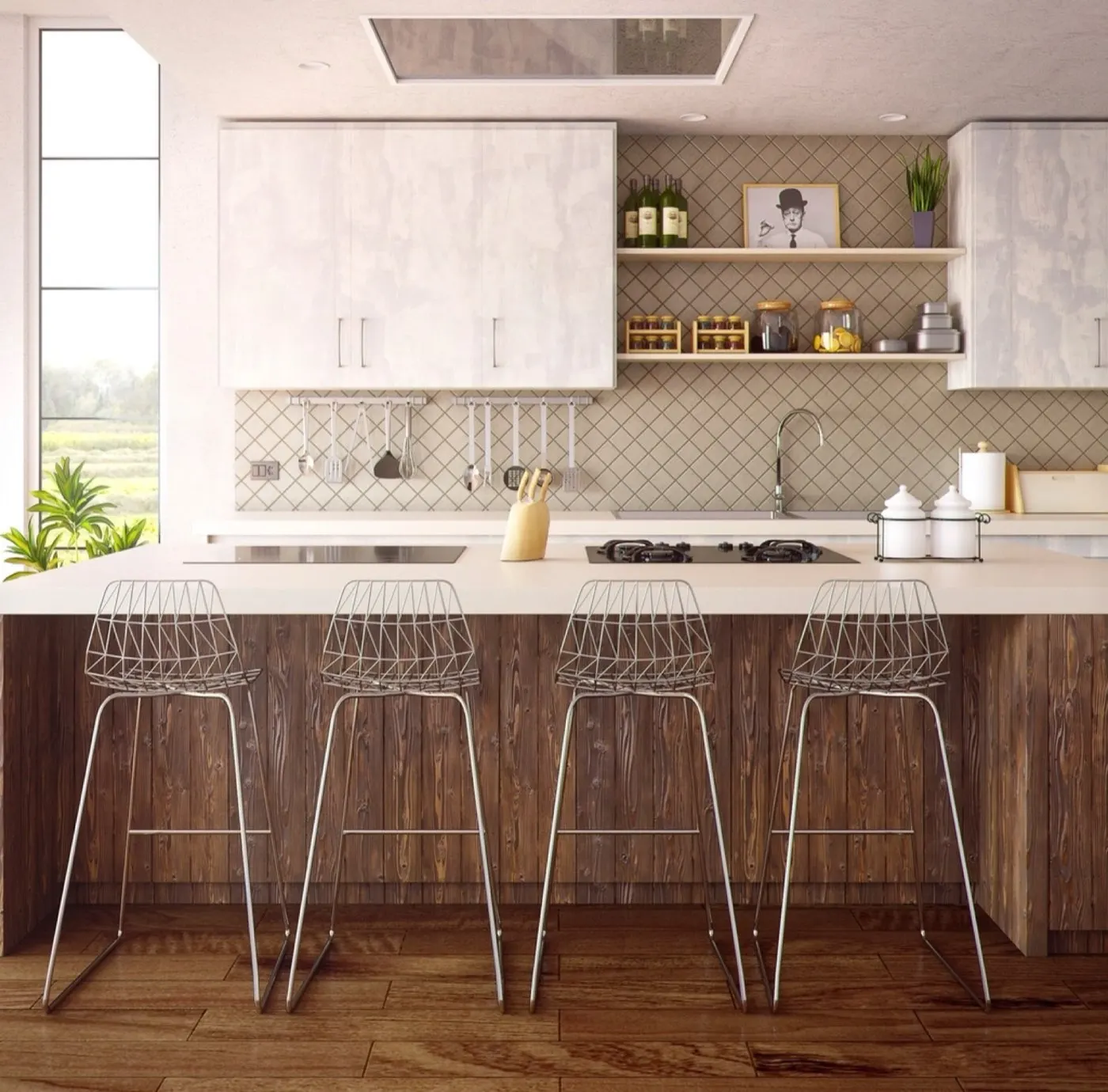 Kitchen island with walnut finish and bar stools